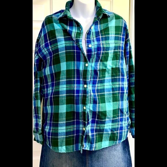 Old Navy Blue and Green Plaid Boyfriend Shirt- Small Tall - Picture 1 of 7